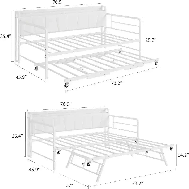 Zwillings-Tagesbett mit Ausziehbett, LED-Beleuchtung, Ladestation und Stauraum-Kopfteil, Metallrahmen für Wohnzimmer, Schlafzimmer, Gästezimmer