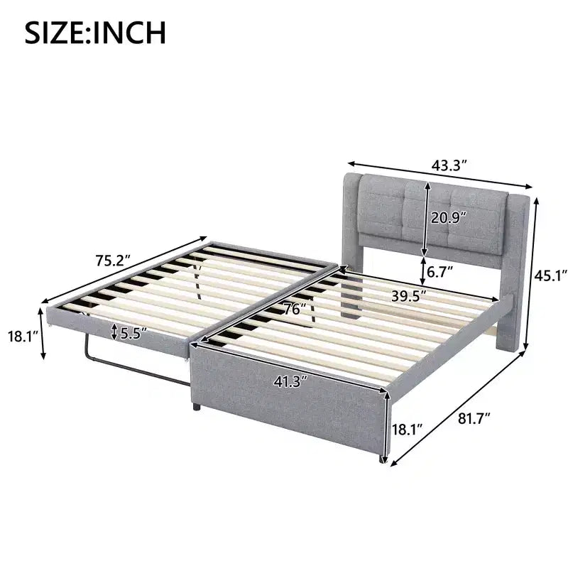 Polsterbettrahmen Twin/Full mit gepolstertem Kopfteil und Ausziehbett