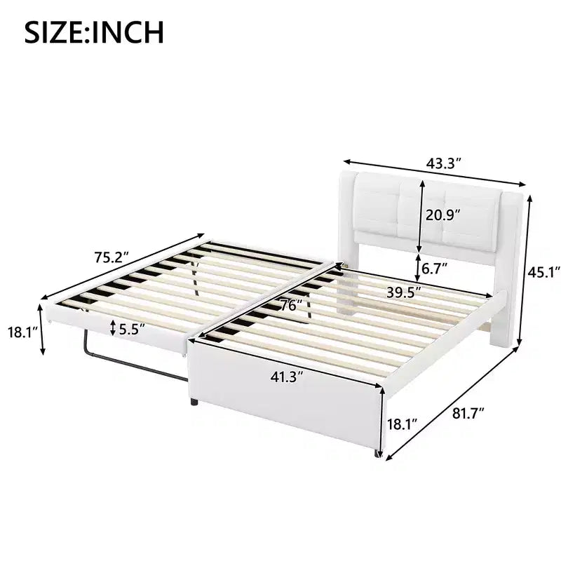Polsterbettrahmen Twin/Full mit gepolstertem Kopfteil und Ausziehbett