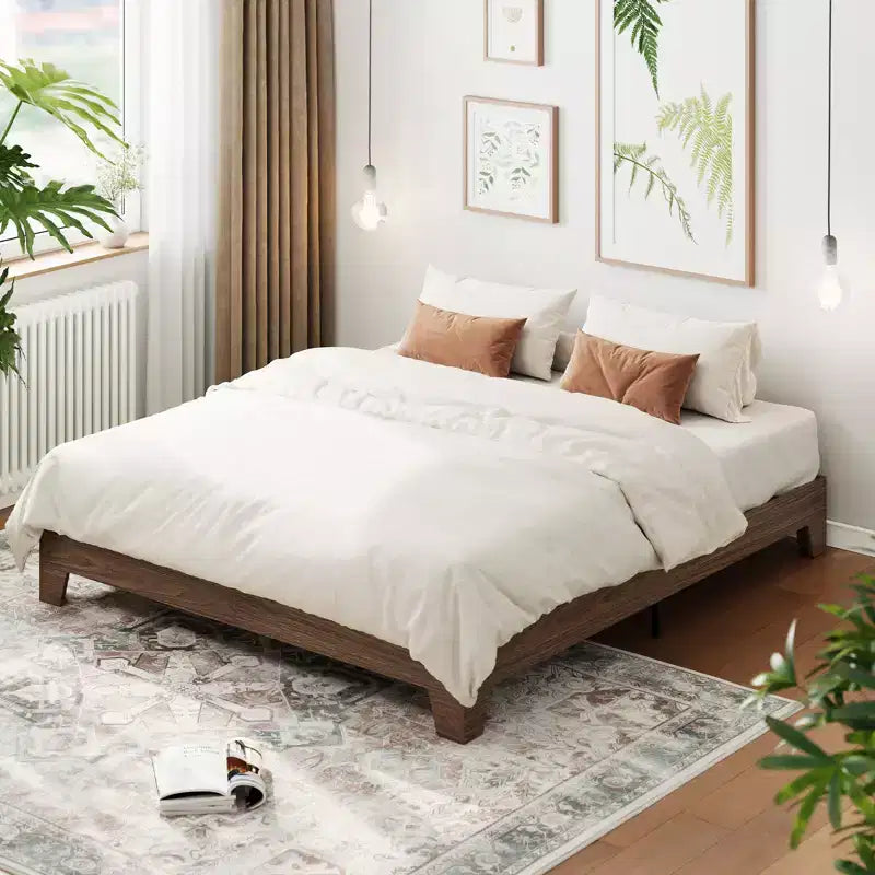 Mid-Century Modern Doppel-Plattform-Bettrahmen, stabile Holzlatten, 10,2 Zoll hoch, starke Unterstützung, Stauraum unter dem Bett, kein Lattenrost erforderlich, einfache Montage