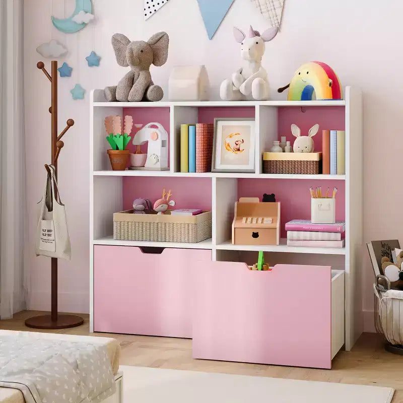 Pink-weißer Spielzeug-Organizer für Kinder, Holzspielzeugschrank, Spielzimmer-Aufbewahrungsfach, Spielzeug-Organizer und Aufbewahrung für Schlafzimmer, Kinderzimmer
