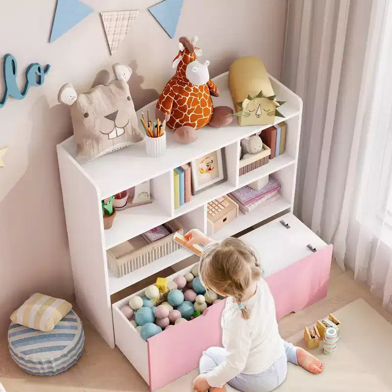 Pink-weißer Spielzeug-Organizer für Kinder, Holzspielzeugschrank, Spielzimmer-Aufbewahrungsfach, Spielzeug-Organizer und Aufbewahrung für Schlafzimmer, Kinderzimmer