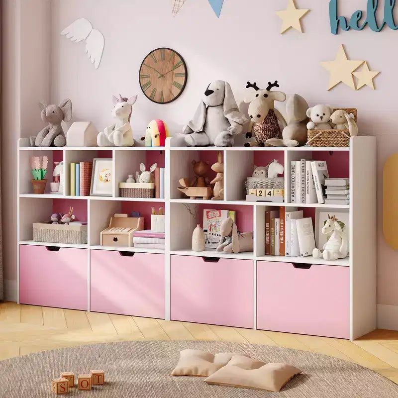 Pink-weißer Spielzeug-Organizer für Kinder, Holzspielzeugschrank, Spielzimmer-Aufbewahrungsfach, Spielzeug-Organizer und Aufbewahrung für Schlafzimmer, Kinderzimmer