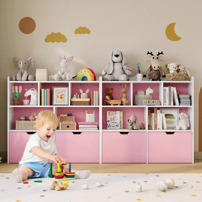 Pink-weißer Spielzeug-Organizer für Kinder, Holzspielzeugschrank, Spielzimmer-Aufbewahrungsfach, Spielzeug-Organizer und Aufbewahrung für Schlafzimmer, Kinderzimmer
