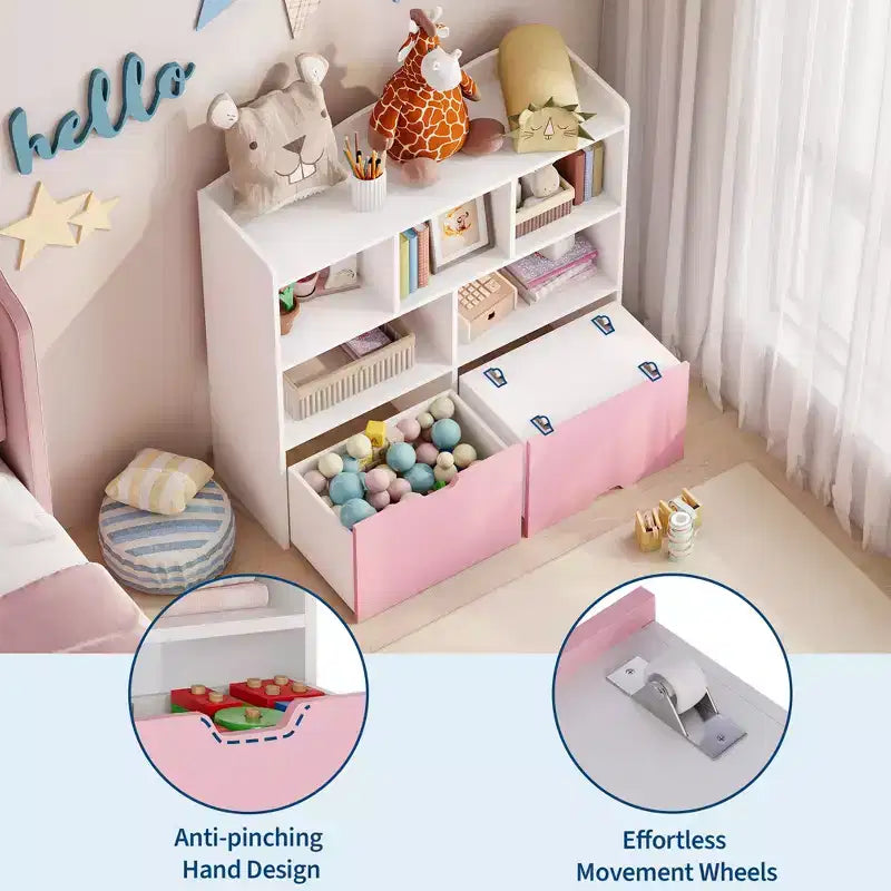 Pink-weißer Spielzeug-Organizer für Kinder, Holzspielzeugschrank, Spielzimmer-Aufbewahrungsfach, Spielzeug-Organizer und Aufbewahrung für Schlafzimmer, Kinderzimmer