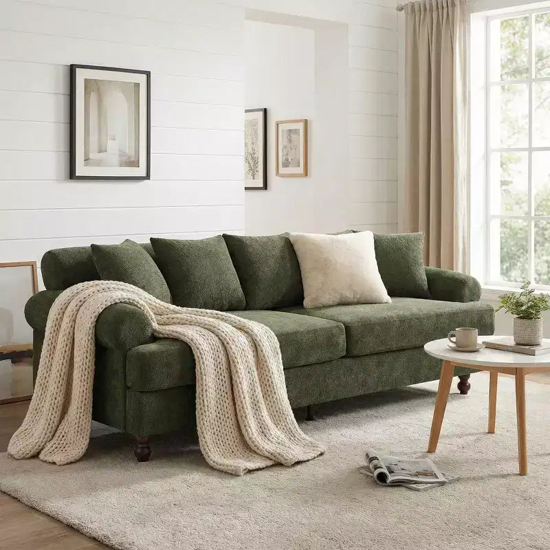 81,5 Polstersofa, Chenille 3-Sitzer Couch mit Kissen und Gummibaumholzbeinen für das Wohnzimmer, Grün
