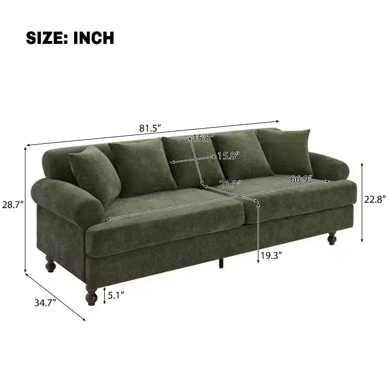 81,5 Polstersofa, Chenille 3-Sitzer Couch mit Kissen und Gummibaumholzbeinen für das Wohnzimmer, Grün
