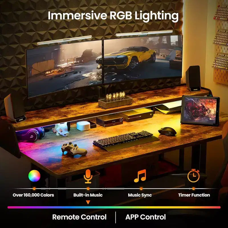 55x28 Zoll Elektrischer Stehschreibtisch, höhenverstellbarer Sitz-Steh-Schreibtisch mit Bücherregal-Monitorständer, Stehschreibtisch für das Home Office mit LED-Lichtleiste