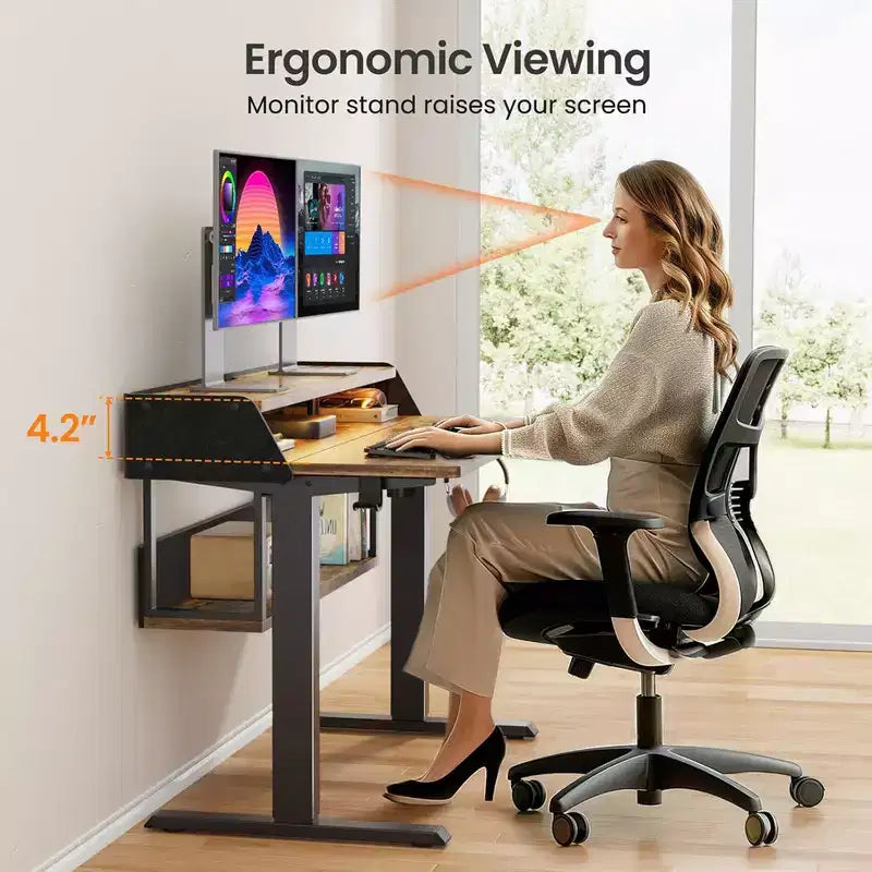 55x28 Zoll Elektrischer Stehschreibtisch, höhenverstellbarer Sitz-Steh-Schreibtisch mit Bücherregal-Monitorständer, Stehschreibtisch für das Home Office mit LED-Lichtleiste