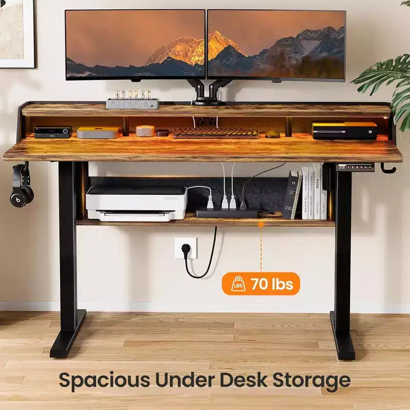 55x28 Zoll Elektrischer Stehschreibtisch, höhenverstellbarer Sitz-Steh-Schreibtisch mit Bücherregal-Monitorständer, Stehschreibtisch für das Home Office mit LED-Lichtleiste