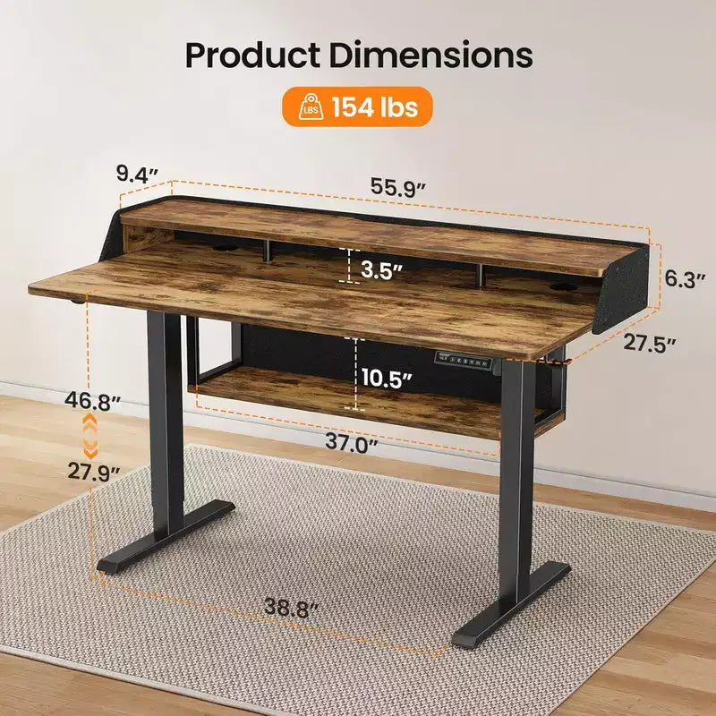 55x28 Zoll Elektrischer Stehschreibtisch, höhenverstellbarer Sitz-Steh-Schreibtisch mit Bücherregal-Monitorständer, Stehschreibtisch für das Home Office mit LED-Lichtleiste