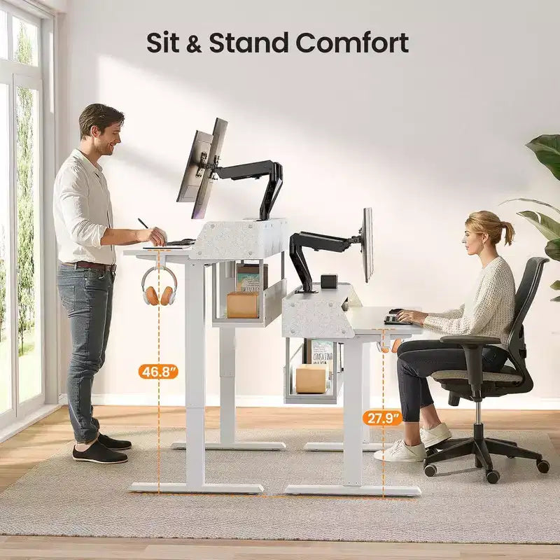 55x28 Zoll Elektrischer Stehschreibtisch, höhenverstellbarer Sitz-Steh-Schreibtisch mit Bücherregal-Monitorständer, Stehschreibtisch für das Home Office mit LED-Lichtleiste