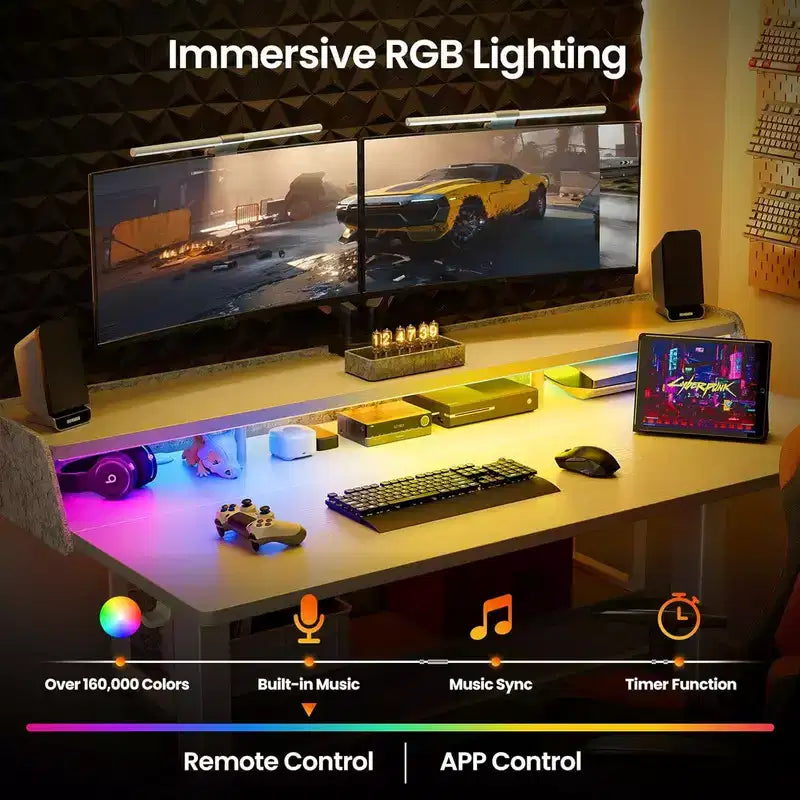 55x28 Zoll Elektrischer Stehschreibtisch, höhenverstellbarer Sitz-Steh-Schreibtisch mit Bücherregal-Monitorständer, Stehschreibtisch für das Home Office mit LED-Lichtleiste