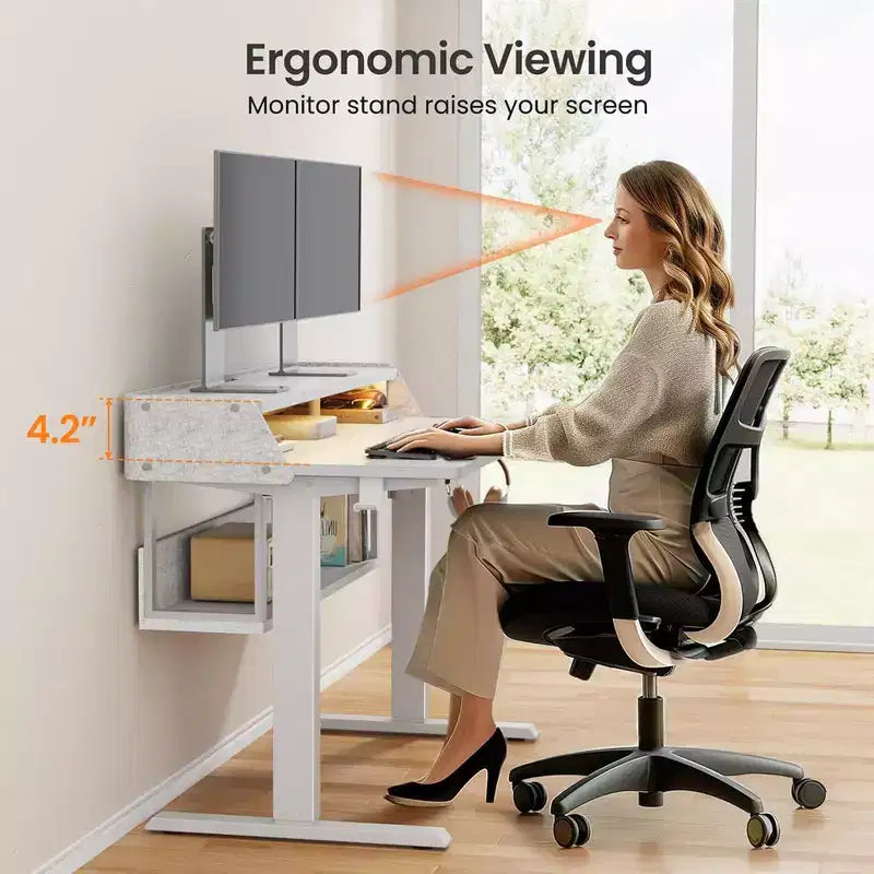55x28 Zoll Elektrischer Stehschreibtisch, höhenverstellbarer Sitz-Steh-Schreibtisch mit Bücherregal-Monitorständer, Stehschreibtisch für das Home Office mit LED-Lichtleiste