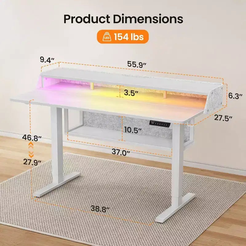 55x28 Zoll Elektrischer Stehschreibtisch, höhenverstellbarer Sitz-Steh-Schreibtisch mit Bücherregal-Monitorständer, Stehschreibtisch für das Home Office mit LED-Lichtleiste