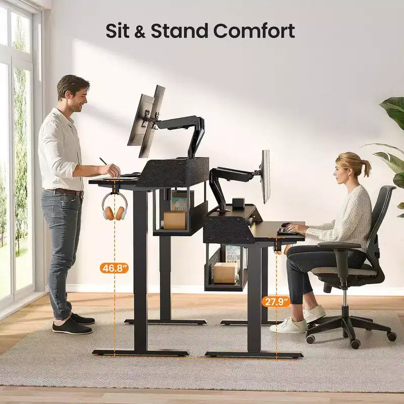 55x28 Zoll Elektrischer Stehschreibtisch, höhenverstellbarer Sitz-Steh-Schreibtisch mit Bücherregal-Monitorständer, Stehschreibtisch für das Home Office mit LED-Lichtleiste