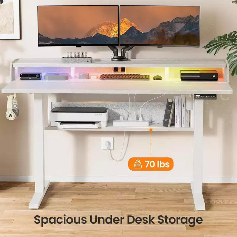 55x28 Zoll Elektrischer Stehschreibtisch, höhenverstellbarer Sitz-Steh-Schreibtisch mit Bücherregal-Monitorständer, Stehschreibtisch für das Home Office mit LED-Lichtleiste