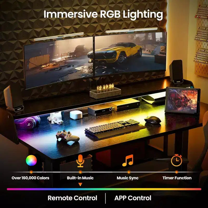 55x28 Zoll Elektrischer Stehschreibtisch, höhenverstellbarer Sitz-Steh-Schreibtisch mit Bücherregal-Monitorständer, Stehschreibtisch für das Home Office mit LED-Lichtleiste