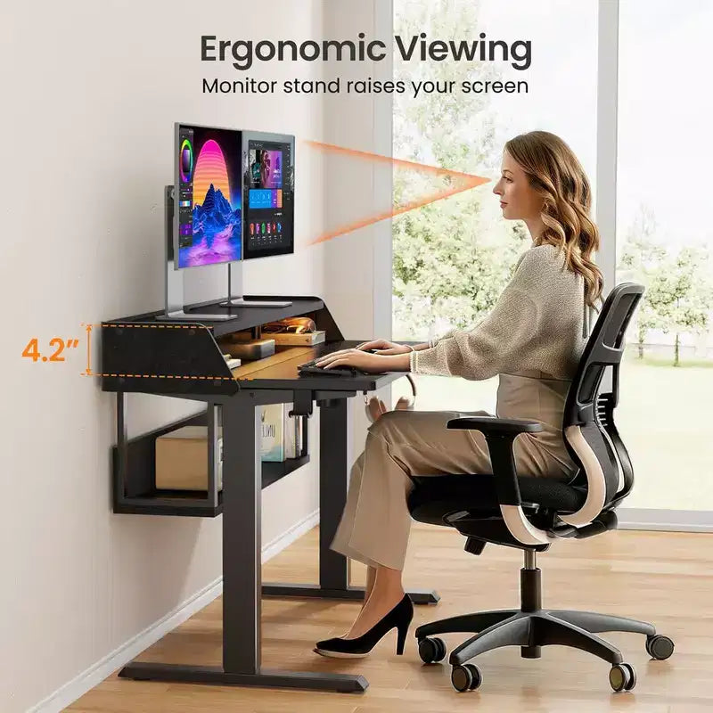 55x28 Zoll Elektrischer Stehschreibtisch, höhenverstellbarer Sitz-Steh-Schreibtisch mit Bücherregal-Monitorständer, Stehschreibtisch für das Home Office mit LED-Lichtleiste