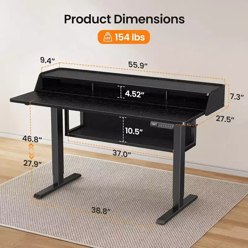 55x28 Zoll Elektrischer Stehschreibtisch, höhenverstellbarer Sitz-Steh-Schreibtisch mit Bücherregal-Monitorständer, Stehschreibtisch für das Home Office mit LED-Lichtleiste