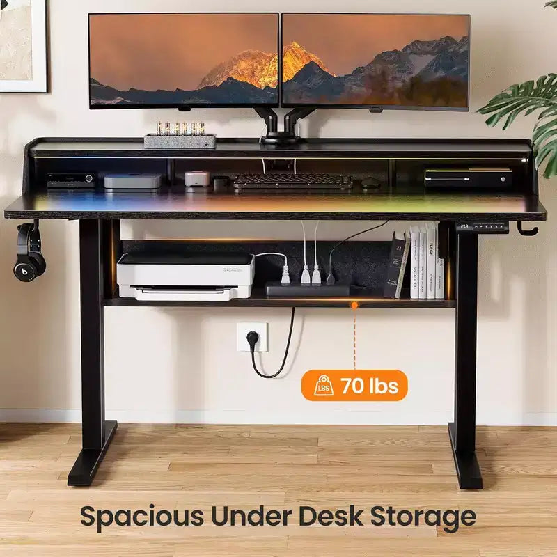 55x28 Zoll Elektrischer Stehschreibtisch, höhenverstellbarer Sitz-Steh-Schreibtisch mit Bücherregal-Monitorständer, Stehschreibtisch für das Home Office mit LED-Lichtleiste