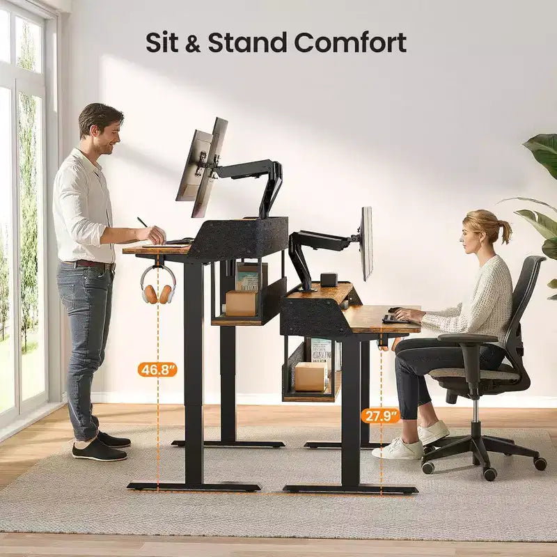 55x28 Zoll Elektrischer Stehschreibtisch, höhenverstellbarer Sitz-Steh-Schreibtisch mit Bücherregal-Monitorständer, Stehschreibtisch für das Home Office mit LED-Lichtleiste