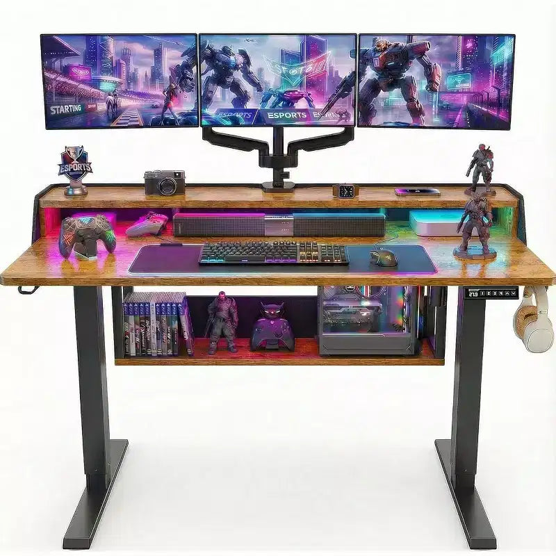 55x28 Zoll Elektrischer Stehschreibtisch, höhenverstellbarer Sitz-Steh-Schreibtisch mit Bücherregal-Monitorständer, Stehschreibtisch für das Home Office mit LED-Lichtleiste