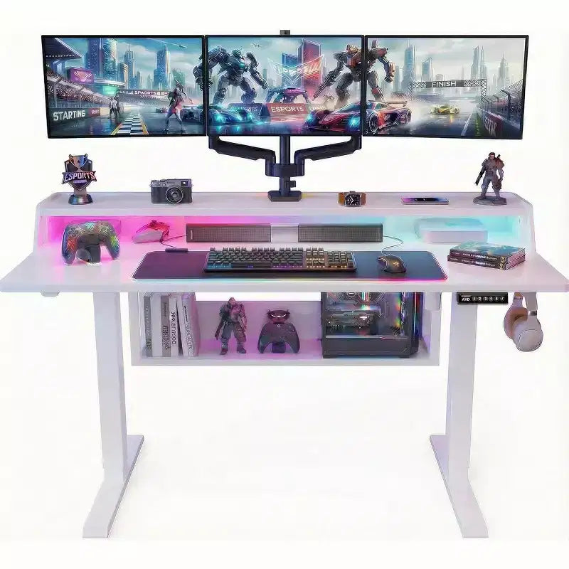 55x28 Zoll Elektrischer Stehschreibtisch, höhenverstellbarer Sitz-Steh-Schreibtisch mit Bücherregal-Monitorständer, Stehschreibtisch für das Home Office mit LED-Lichtleiste