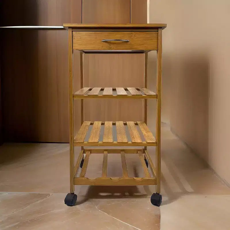 Royal Hampton Harry Kitchen Bar Cart, 1 Drawer, 3 Shelves, Brown Bamboo, Rolling Wheels
