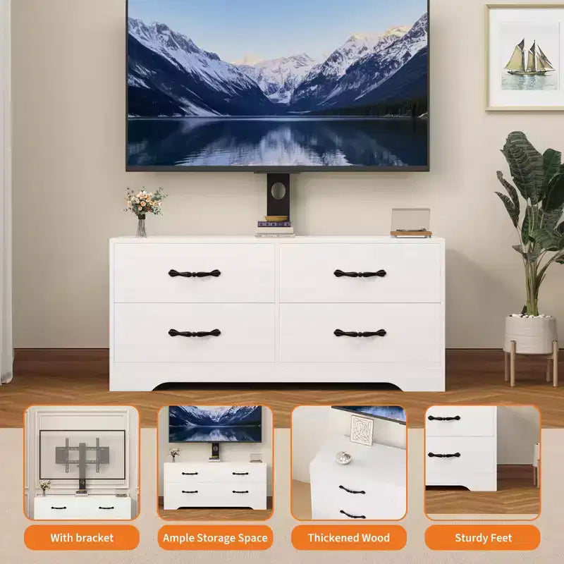 Moderner verstellbarer TV-Ständer mit Kommode für 32-85 Zoll Fernseher, 4 große Schubladen & 6 Rattan-Aufbewahrungsschubladen, Medienkonsole für Wohn- und Schlafzimmer