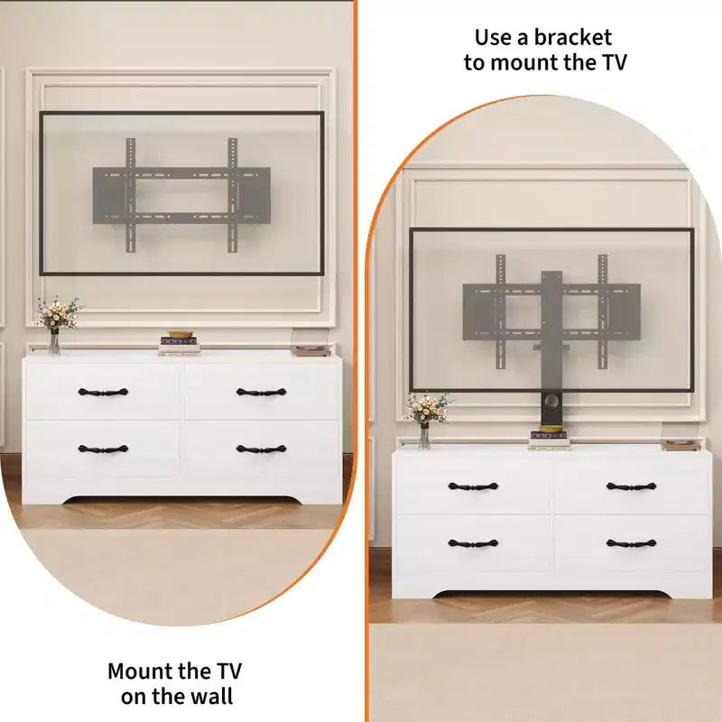 Moderner verstellbarer TV-Ständer mit Kommode für 32-85 Zoll Fernseher, 4 große Schubladen & 6 Rattan-Aufbewahrungsschubladen, Medienkonsole für Wohn- und Schlafzimmer