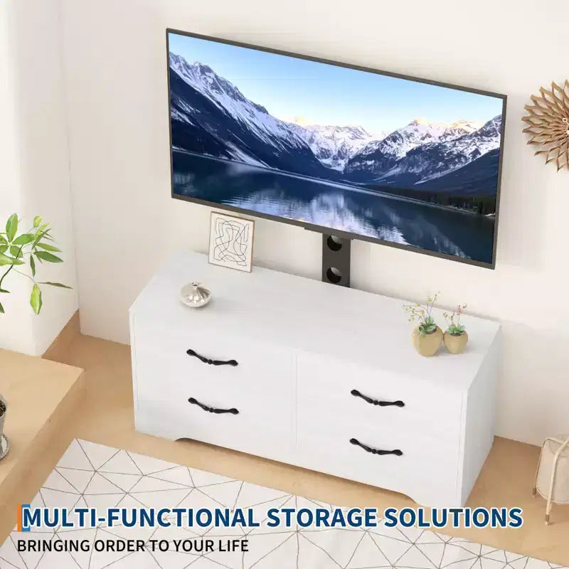 Moderner verstellbarer TV-Ständer mit Kommode für 32-85 Zoll Fernseher, 4 große Schubladen & 6 Rattan-Aufbewahrungsschubladen, Medienkonsole für Wohn- und Schlafzimmer