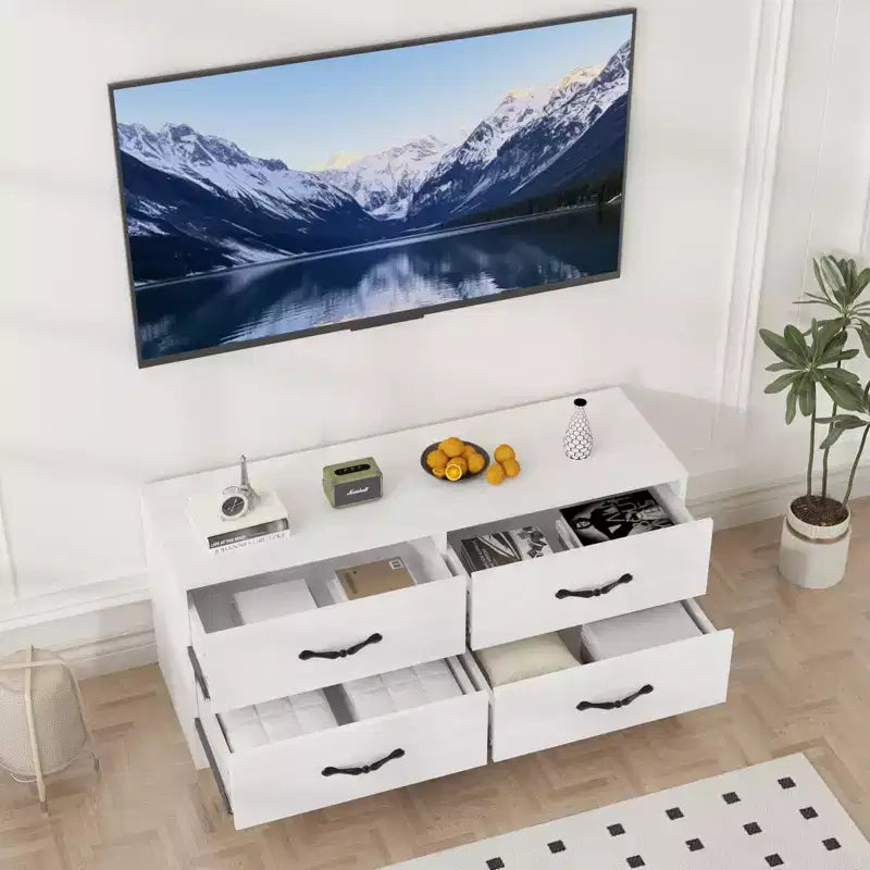 Moderner verstellbarer TV-Ständer mit Kommode für 32-85 Zoll Fernseher, 4 große Schubladen & 6 Rattan-Aufbewahrungsschubladen, Medienkonsole für Wohn- und Schlafzimmer