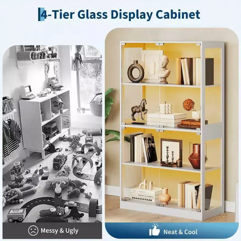 65 Vitrine mit Glastüren, 4-stöckiger Sammlerschrank mit 3-farbiger LED-Beleuchtung & Bewegungssensor, Glasvitrine für Sammlerstücke