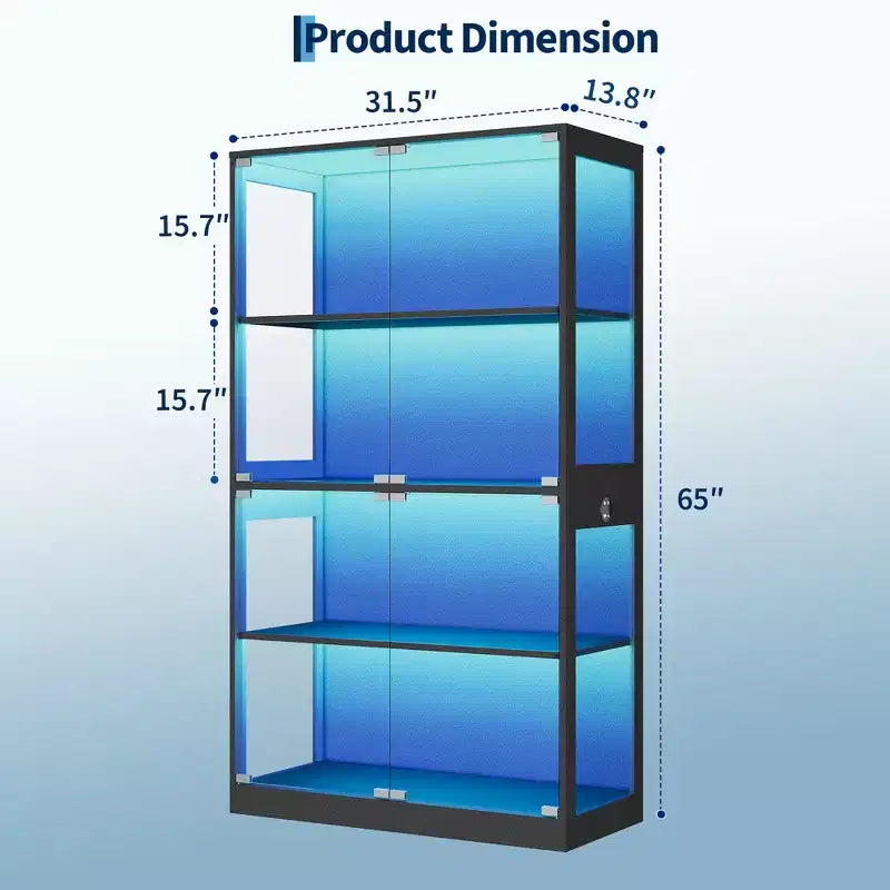 65 Vitrine mit Glastüren, 4-stöckiger Sammlerschrank mit 3-farbiger LED-Beleuchtung & Bewegungssensor, Glasvitrine für Sammlerstücke