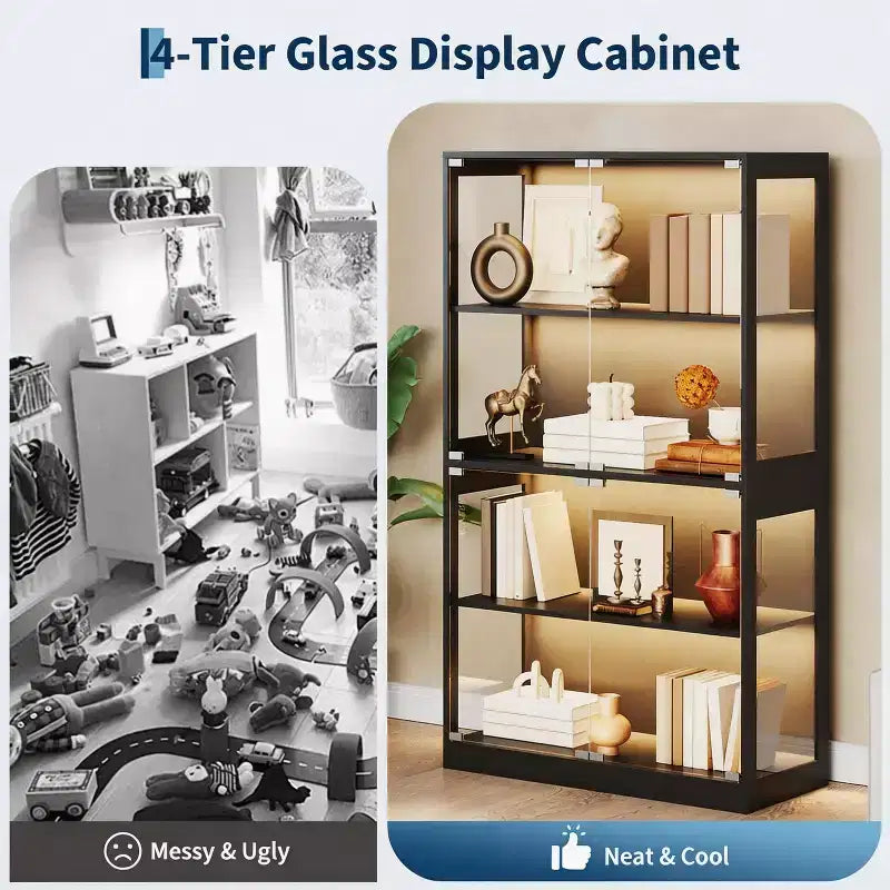 65 Vitrine mit Glastüren, 4-stöckiger Sammlerschrank mit 3-farbiger LED-Beleuchtung & Bewegungssensor, Glasvitrine für Sammlerstücke