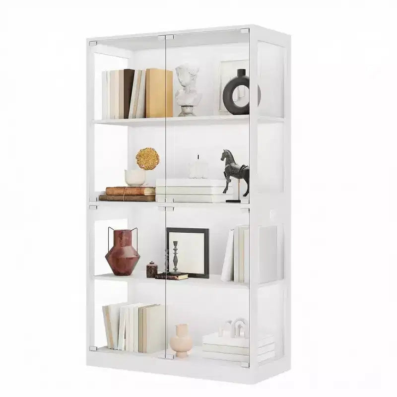 65 Vitrine mit Glastüren, 4-stöckiger Sammlerschrank mit 3-farbiger LED-Beleuchtung & Bewegungssensor, Glasvitrine für Sammlerstücke