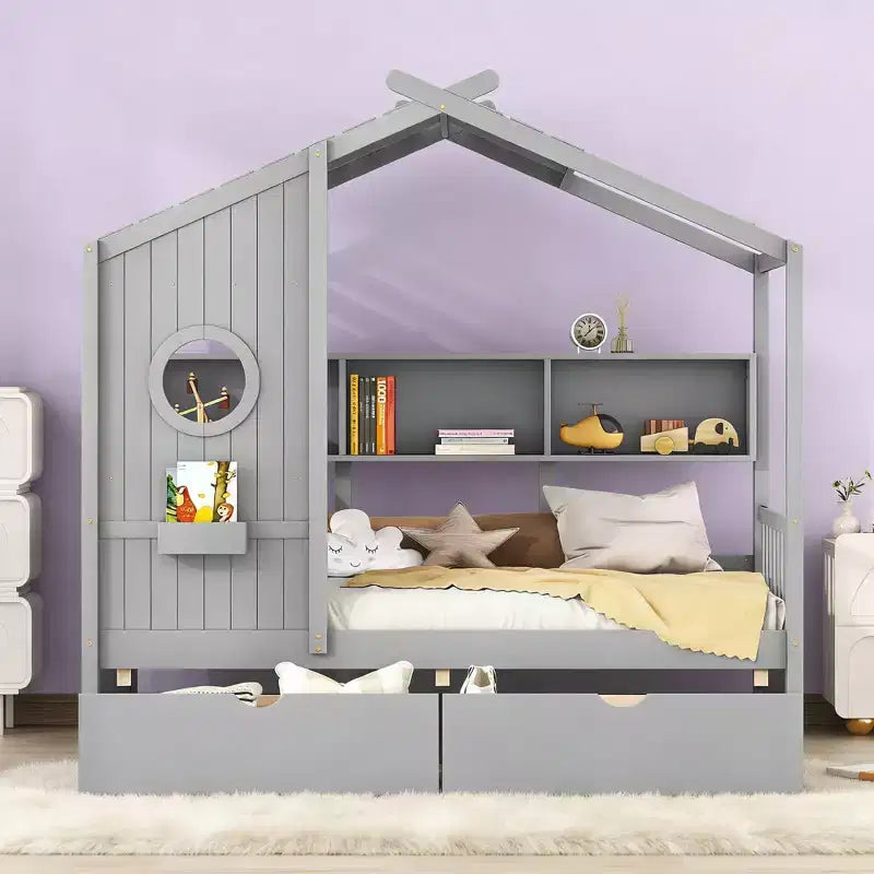Luxystar House Shape Bed Frame With 2 Drawers, Shelves, Window and Roof