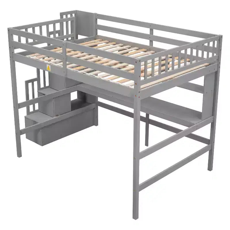 Doppel-Hochbett mit Schreibtisch und Ablageregalen, Hochbettgestell aus Kiefernholz mit Aufbewahrungstreppe für Jungen und Mädchen, kein Boxspringbett erforderlich, Grau