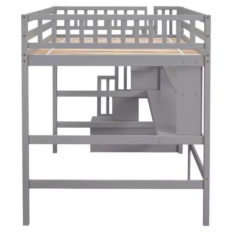 Doppel-Hochbett mit Schreibtisch und Ablageregalen, Hochbettgestell aus Kiefernholz mit Aufbewahrungstreppe für Jungen und Mädchen, kein Boxspringbett erforderlich, Grau