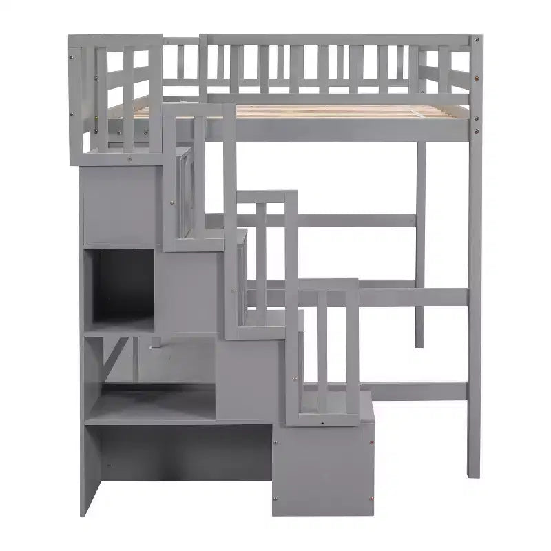 Doppel-Hochbett mit Schreibtisch und Ablageregalen, Hochbettgestell aus Kiefernholz mit Aufbewahrungstreppe für Jungen und Mädchen, kein Boxspringbett erforderlich, Grau