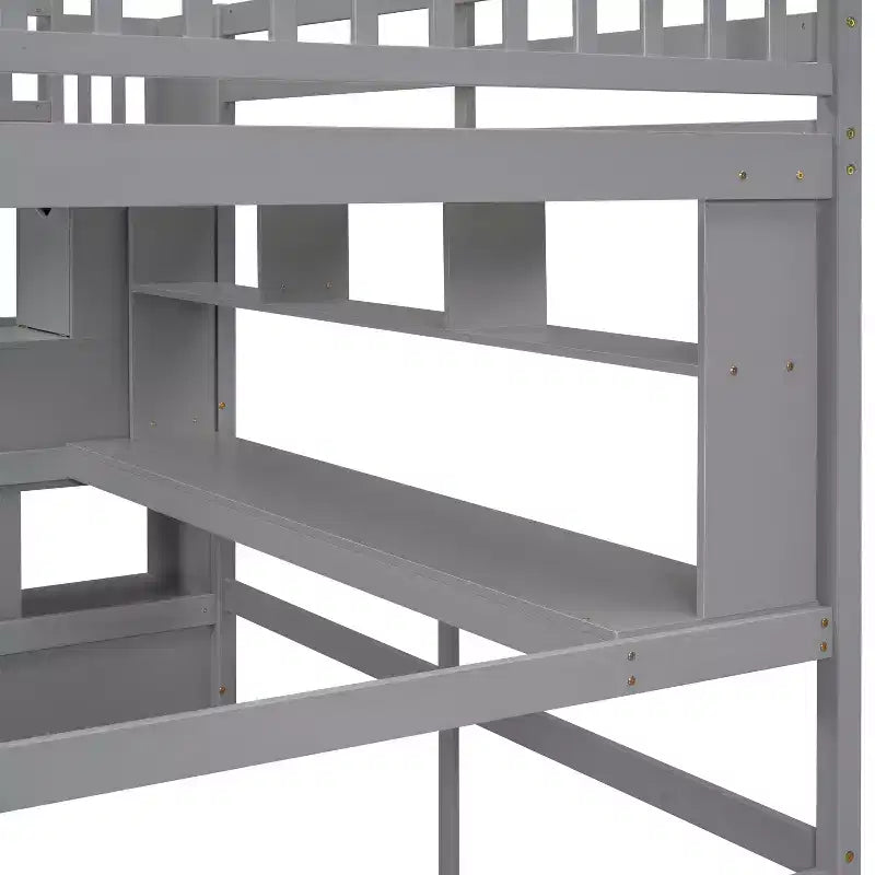 Doppel-Hochbett mit Schreibtisch und Ablageregalen, Hochbettgestell aus Kiefernholz mit Aufbewahrungstreppe für Jungen und Mädchen, kein Boxspringbett erforderlich, Grau