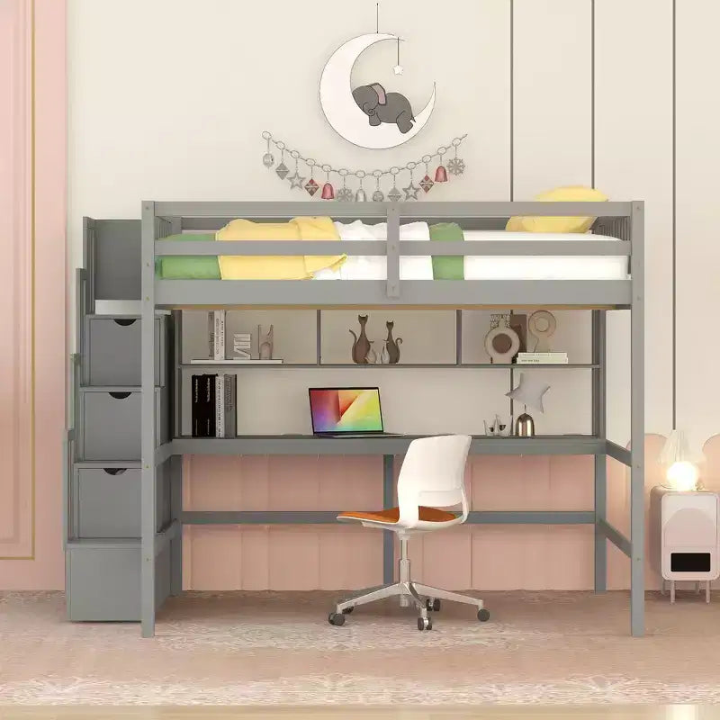 Doppel-Hochbett mit Schreibtisch und Ablageregalen, Hochbettgestell aus Kiefernholz mit Aufbewahrungstreppe für Jungen und Mädchen, kein Boxspringbett erforderlich, Grau
