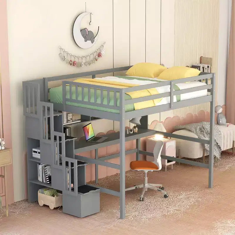 Doppel-Hochbett mit Schreibtisch und Ablageregalen, Hochbettgestell aus Kiefernholz mit Aufbewahrungstreppe für Jungen und Mädchen, kein Boxspringbett erforderlich, Grau