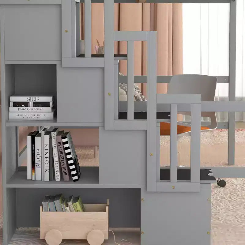 Doppel-Hochbett mit Schreibtisch und Ablageregalen, Hochbettgestell aus Kiefernholz mit Aufbewahrungstreppe für Jungen und Mädchen, kein Boxspringbett erforderlich, Grau