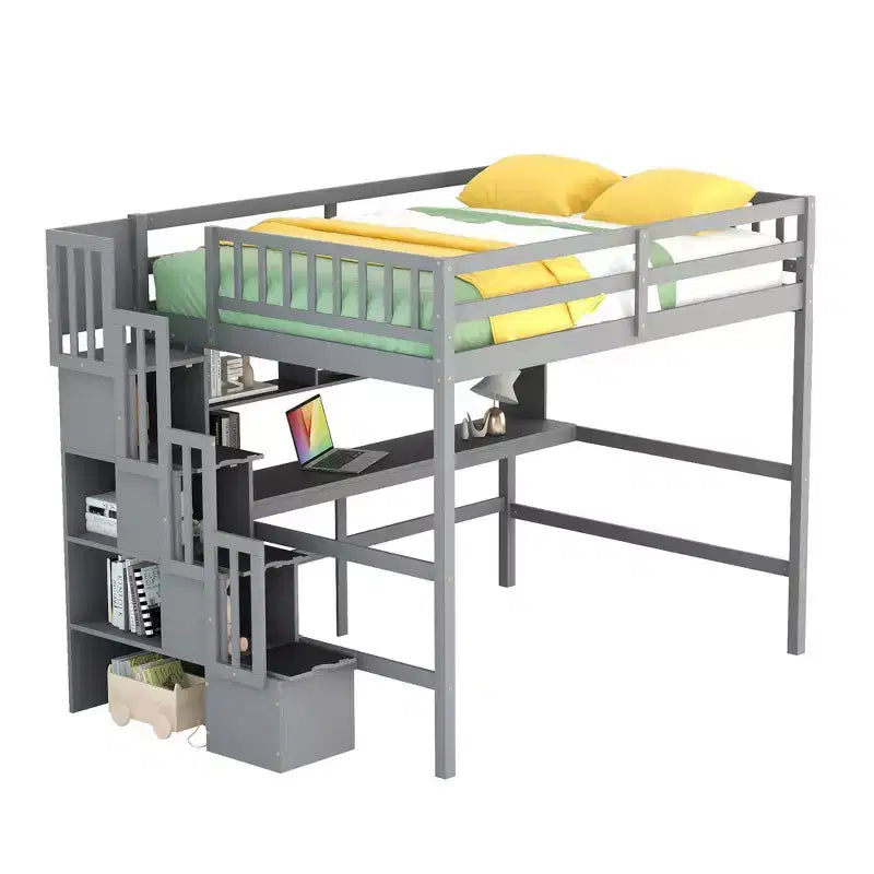 Doppel-Hochbett mit Schreibtisch und Ablageregalen, Hochbettgestell aus Kiefernholz mit Aufbewahrungstreppe für Jungen und Mädchen, kein Boxspringbett erforderlich, Grau