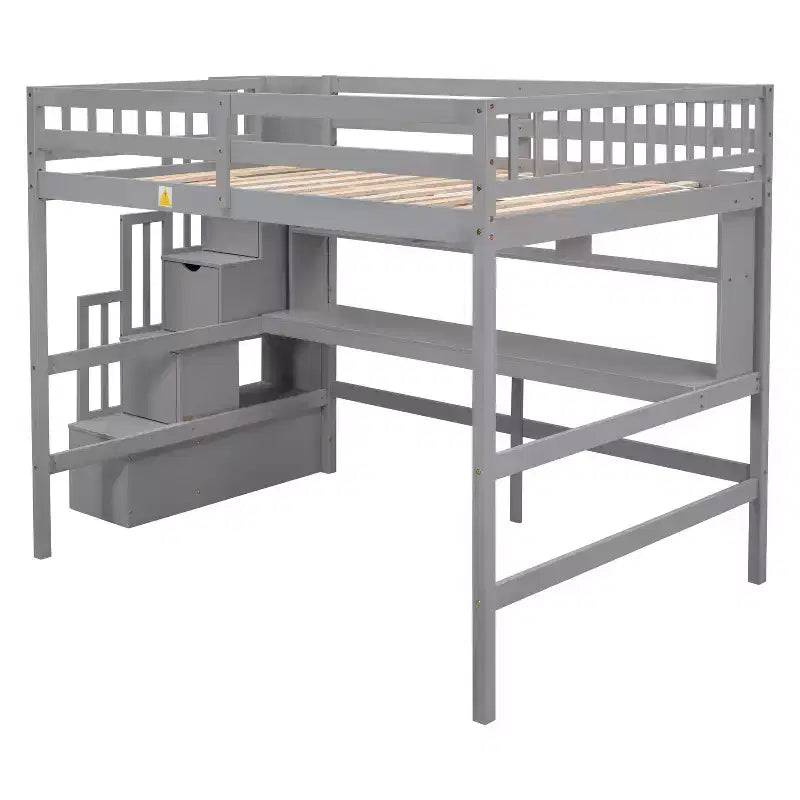 Doppel-Hochbett mit Schreibtisch und Ablageregalen, Hochbettgestell aus Kiefernholz mit Aufbewahrungstreppe für Jungen und Mädchen, kein Boxspringbett erforderlich, Grau