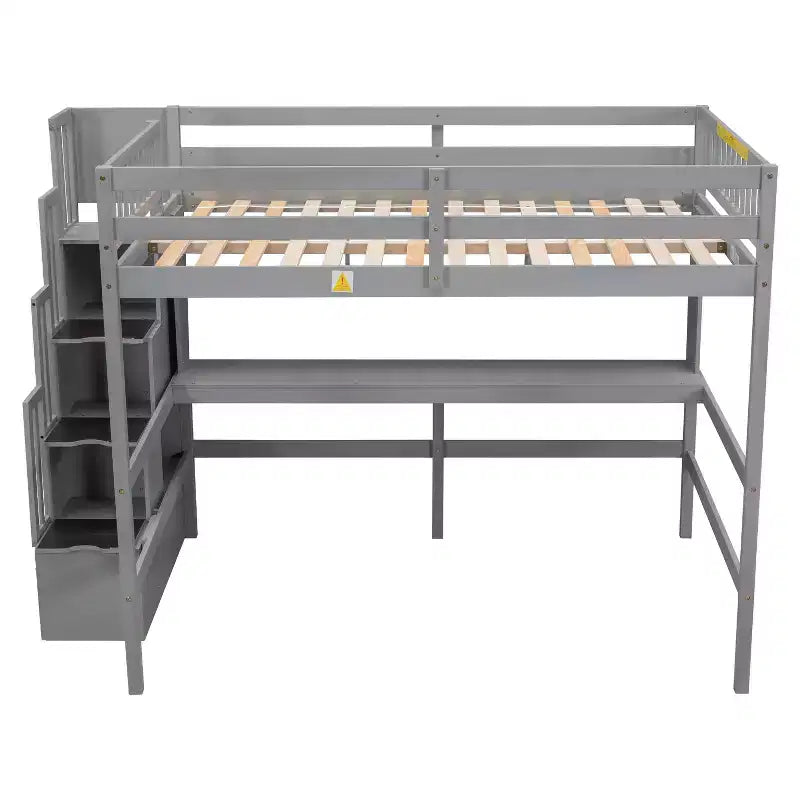 Doppel-Hochbett mit Schreibtisch und Ablageregalen, Hochbettgestell aus Kiefernholz mit Aufbewahrungstreppe für Jungen und Mädchen, kein Boxspringbett erforderlich, Grau