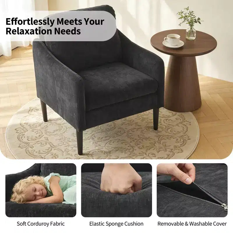 Mid-Century Modern Akzentsessel, 5,5 Zoll dickes Sitzkissen, Chenille-Stoff, geschwungener Armsessel, bequemer Einzelsessel für Schlafzimmer, Wohnzimmer, Büro
