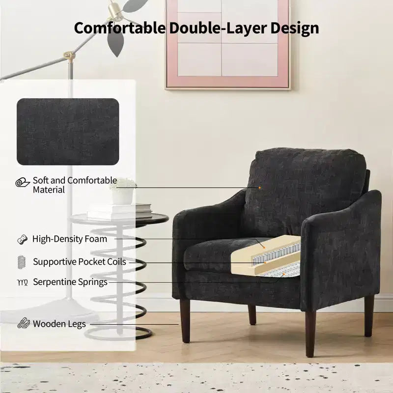 Mid-Century Modern Akzentsessel, 5,5 Zoll dickes Sitzkissen, Chenille-Stoff, geschwungener Armsessel, bequemer Einzelsessel für Schlafzimmer, Wohnzimmer, Büro